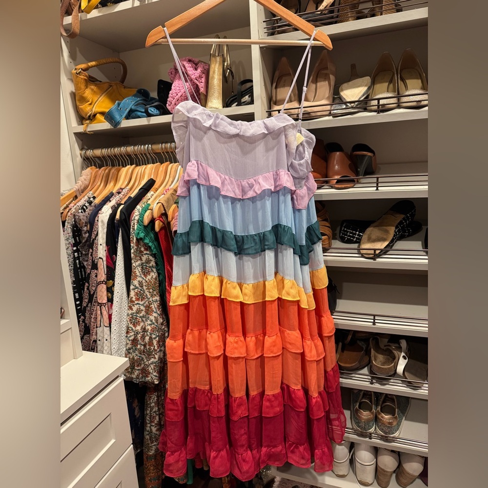 Anthropologie Judith March Storia rainbow tiered midi dress